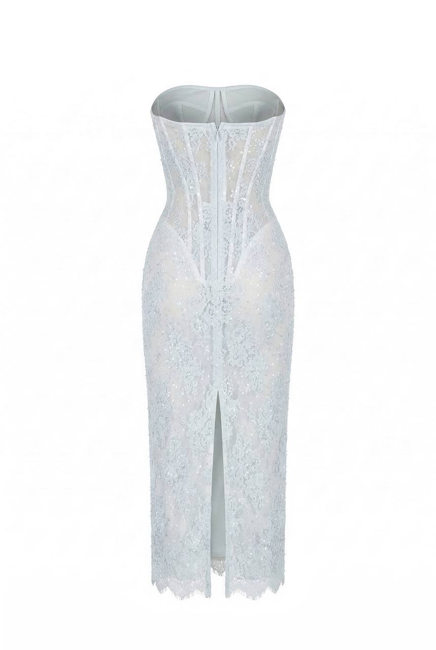 Light Blue Bead Embroidery Lace Corset Midi Dress
