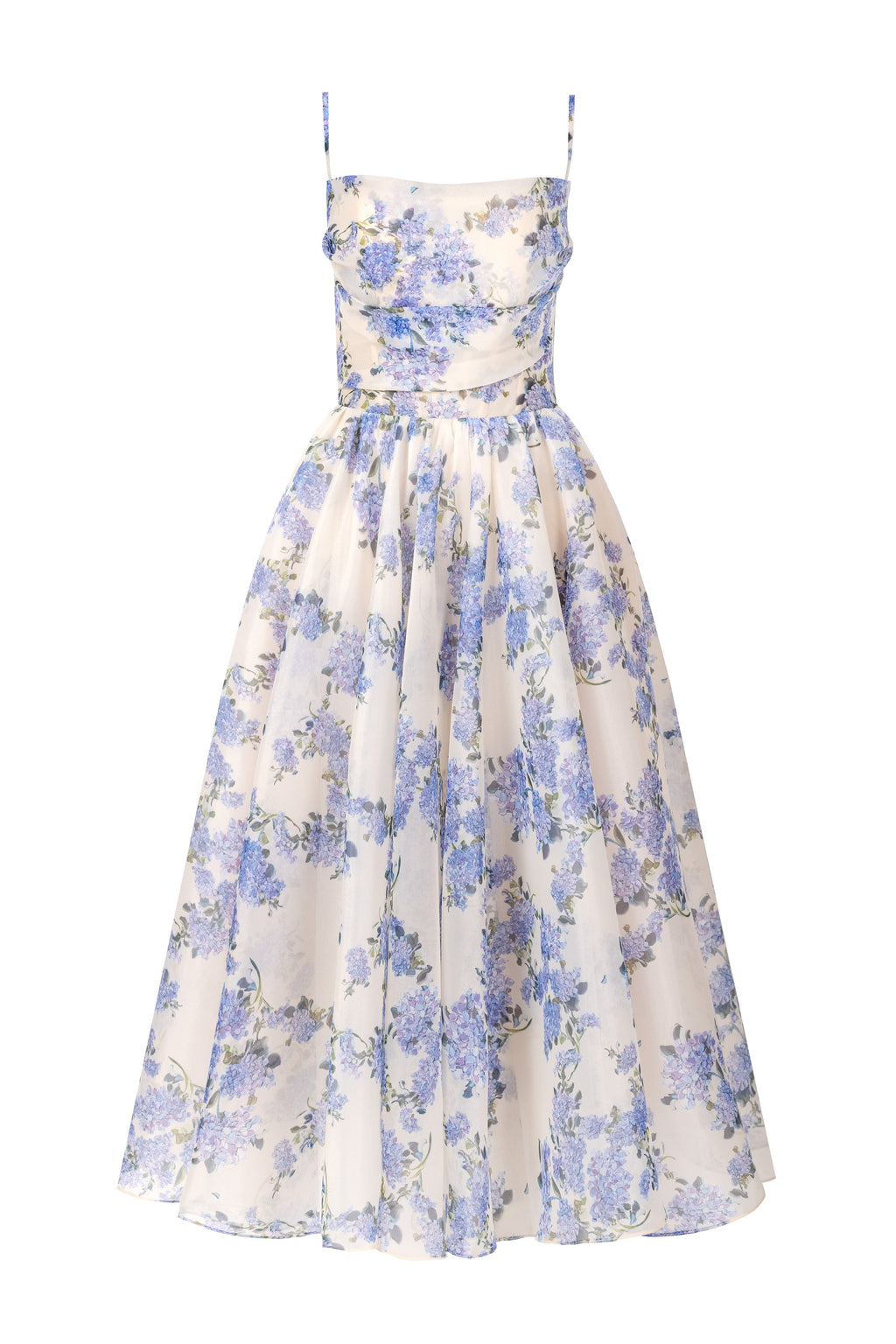 Hydrangea Organza Spaghetti-Strap Midi Dress