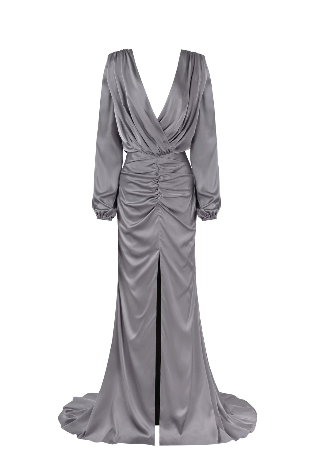 Dusty-Blue Silk Wrap-V-Neck Long-Sleeve Maxi Dress