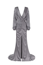 Dusty-Blue Silk Wrap-V-Neck Long-Sleeve Maxi Dress