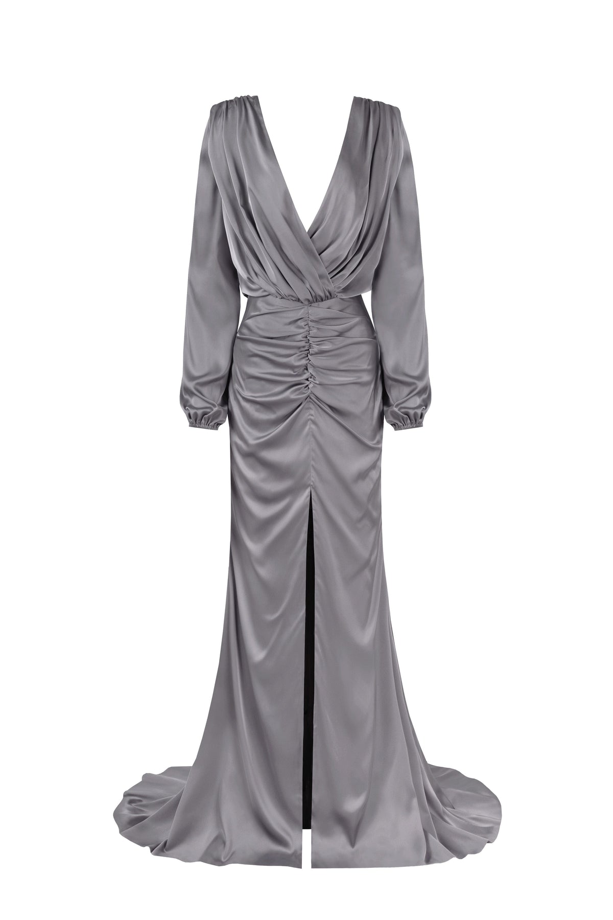 Dusty-Blue Silk Wrap-V-Neck Long-Sleeve Maxi Dress