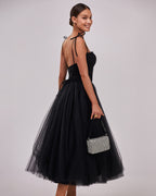 Black Tulle Draped-Corset A-Line Midi Dress