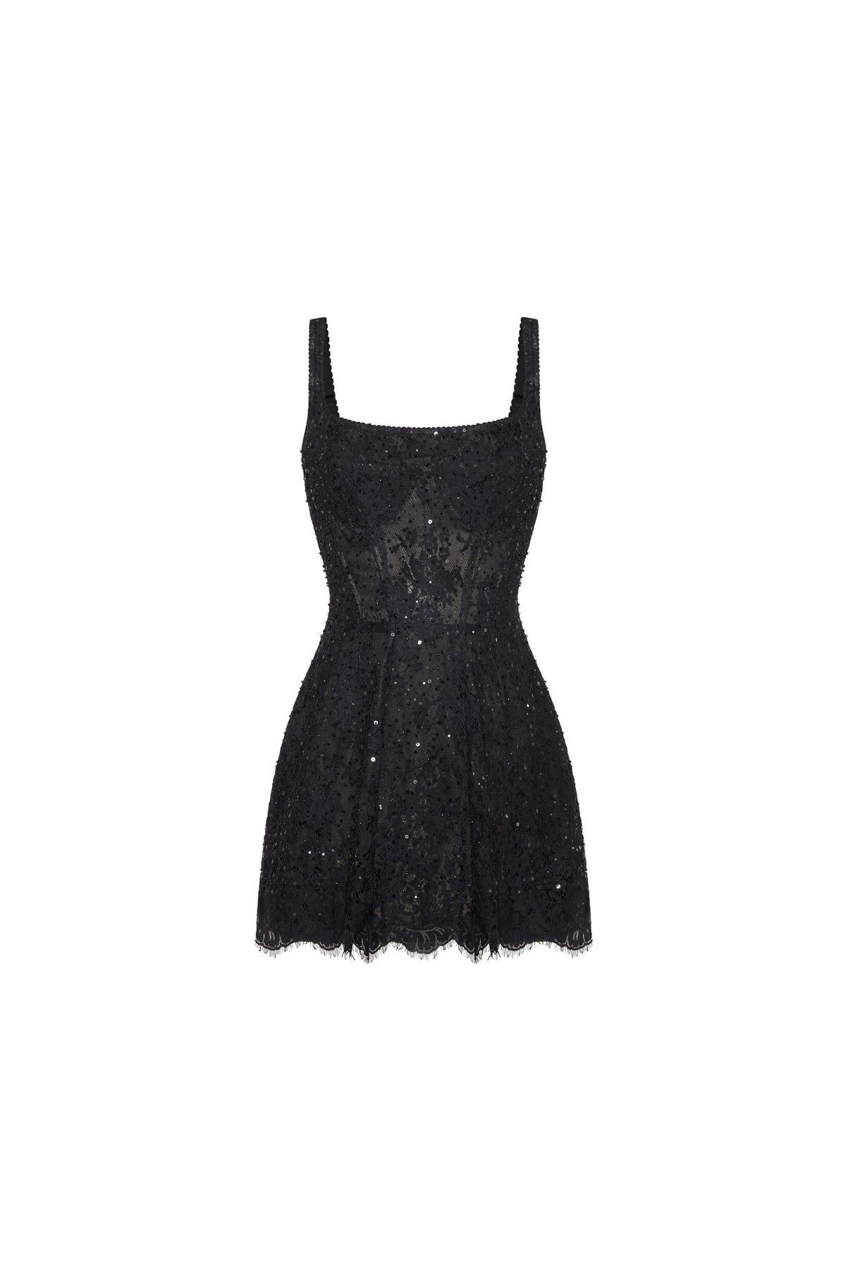 Straight Neck Back-Zip Lace Black Party Dress
