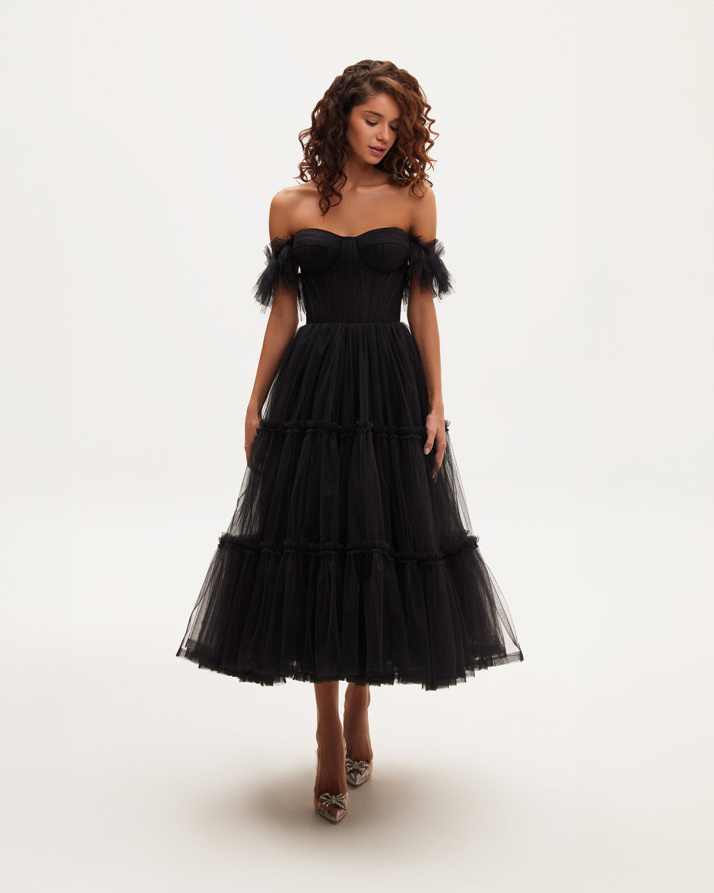 Black Tulle Ruffle-Sleeve A-Line Cocktail Dress