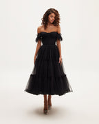 Black Tulle Ruffle-Sleeve A-Line Cocktail Dress