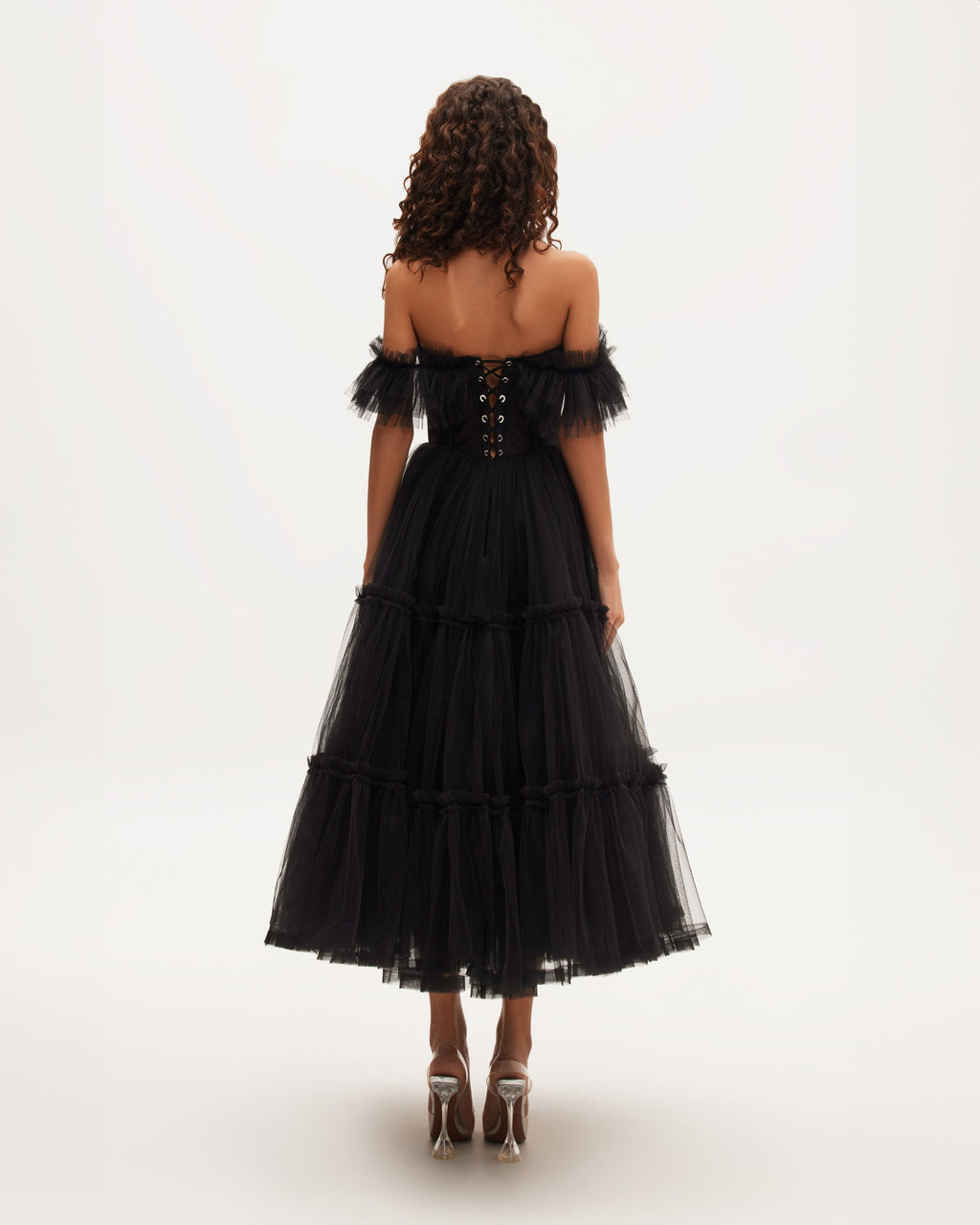 Black Tulle Ruffle-Sleeve A-Line Cocktail Dress