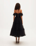 Black Tulle Ruffle-Sleeve A-Line Cocktail Dress