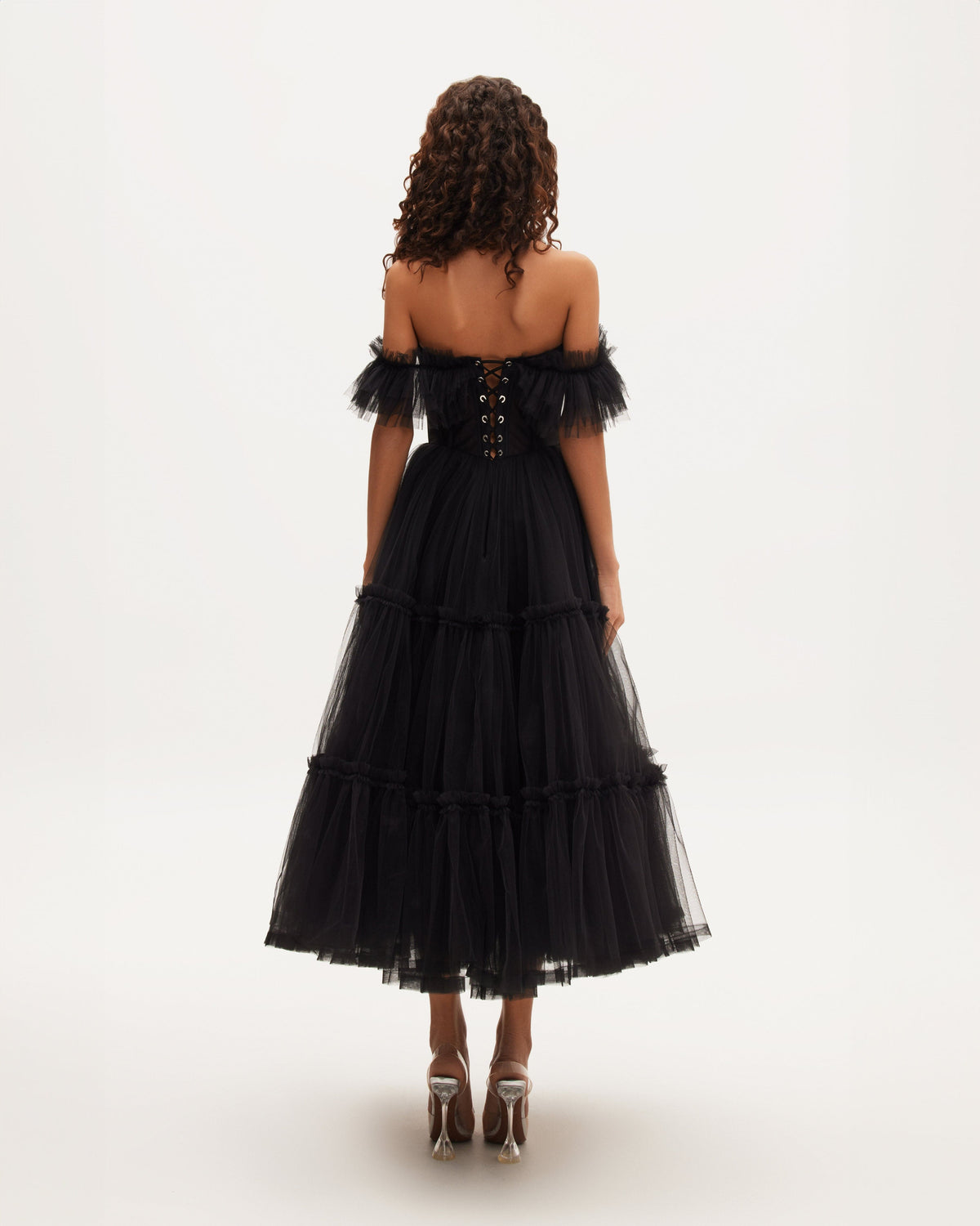 Black Tulle Ruffle-Sleeve A-Line Cocktail Dress