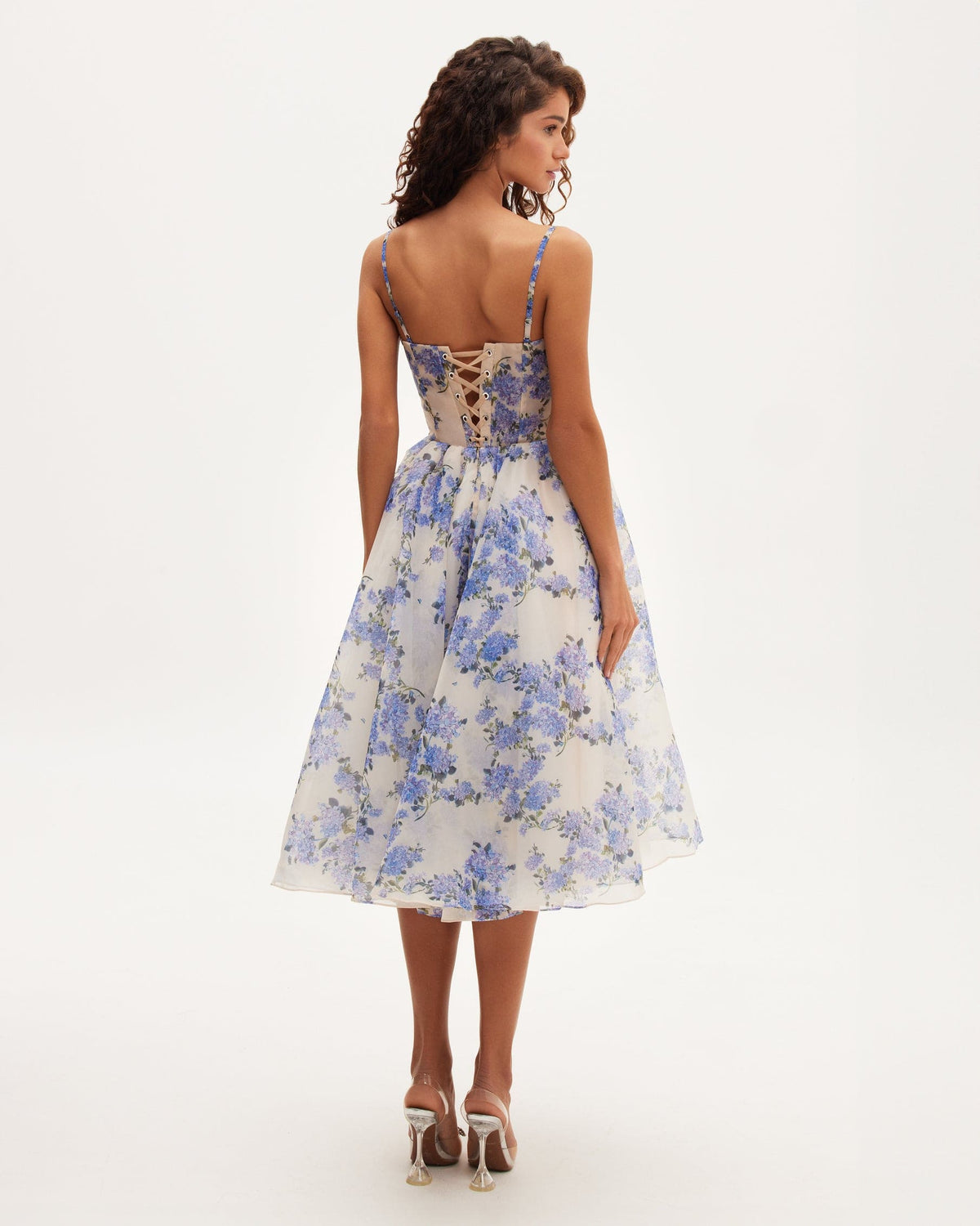 Hydrangea Organza Spaghetti-Strap Midi Dress