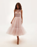 Misty-Rose Tulle One-Shoulder A-Line Midi Dress