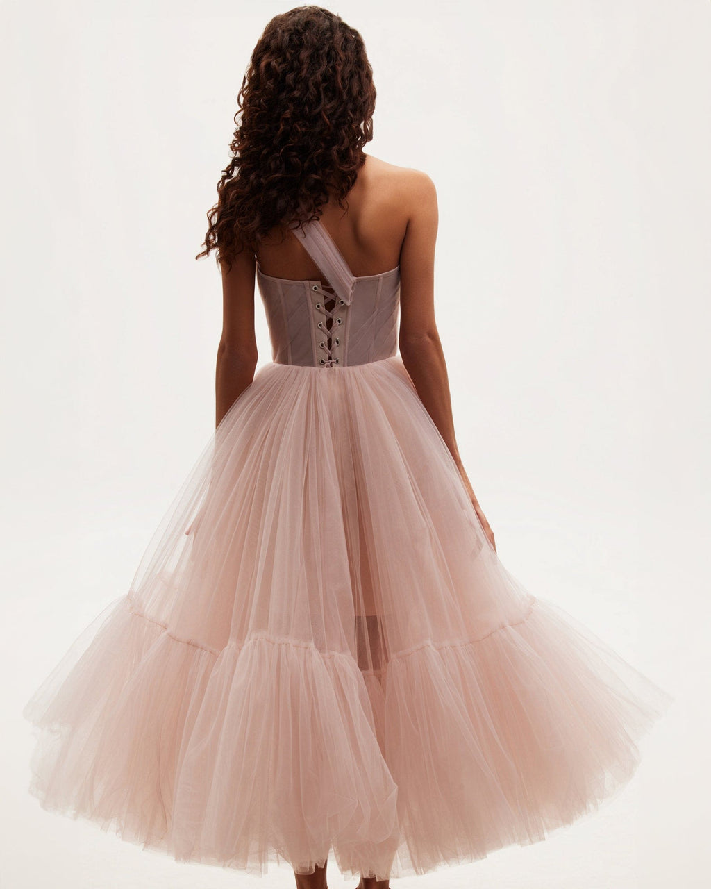 Misty-Rose Tulle One-Shoulder A-Line Midi Dress