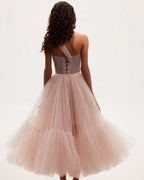 Misty-Rose Tulle One-Shoulder A-Line Midi Dress