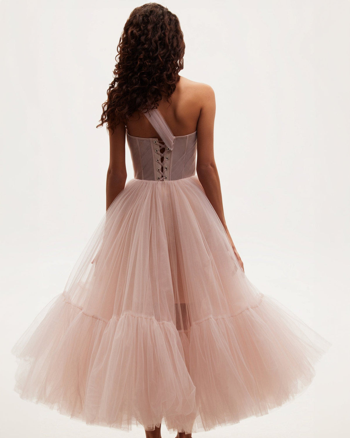 Misty-Rose Tulle One-Shoulder A-Line Midi Dress