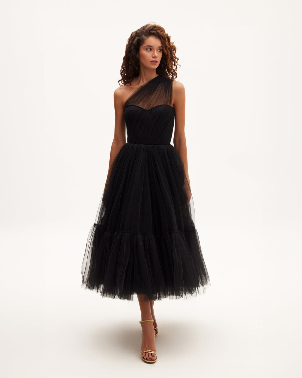 Black Tulle One-Shoulder Sheer A-Line Midi Dress