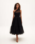 Black Tulle One-Shoulder Sheer A-Line Midi Dress