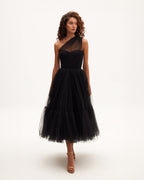 Black Tulle One-Shoulder Sheer A-Line Midi Dress