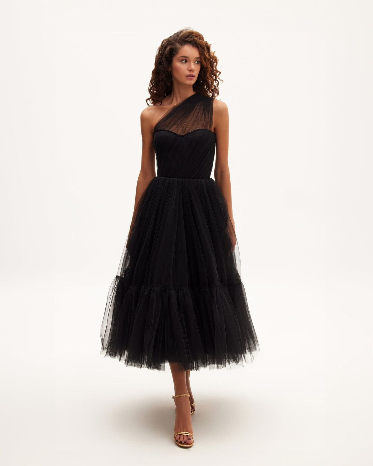 Black Tulle One-Shoulder Sheer A-Line Midi Dress