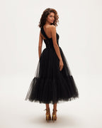 Black Tulle One-Shoulder Sheer A-Line Midi Dress