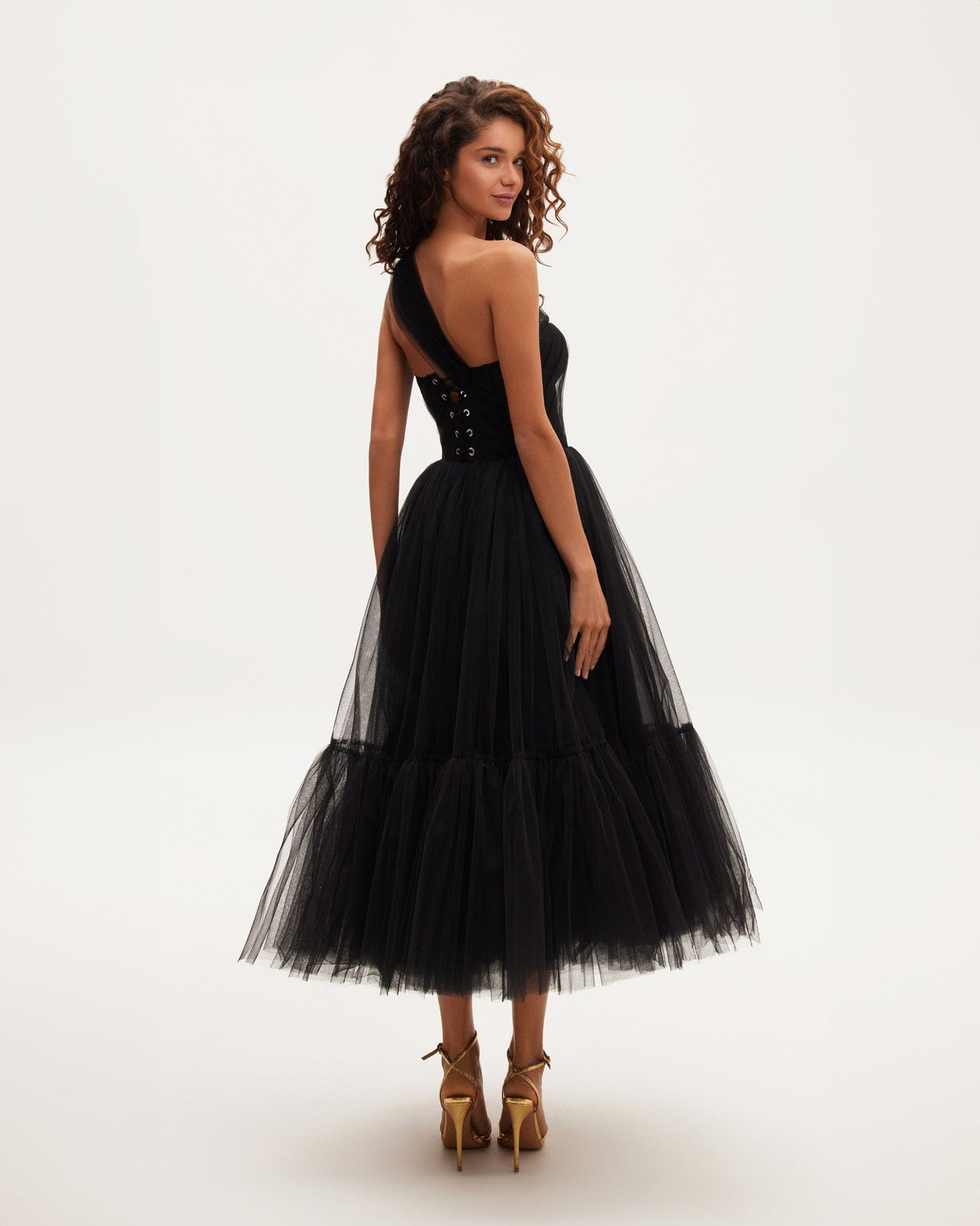 Black Tulle One-Shoulder Sheer A-Line Midi Dress