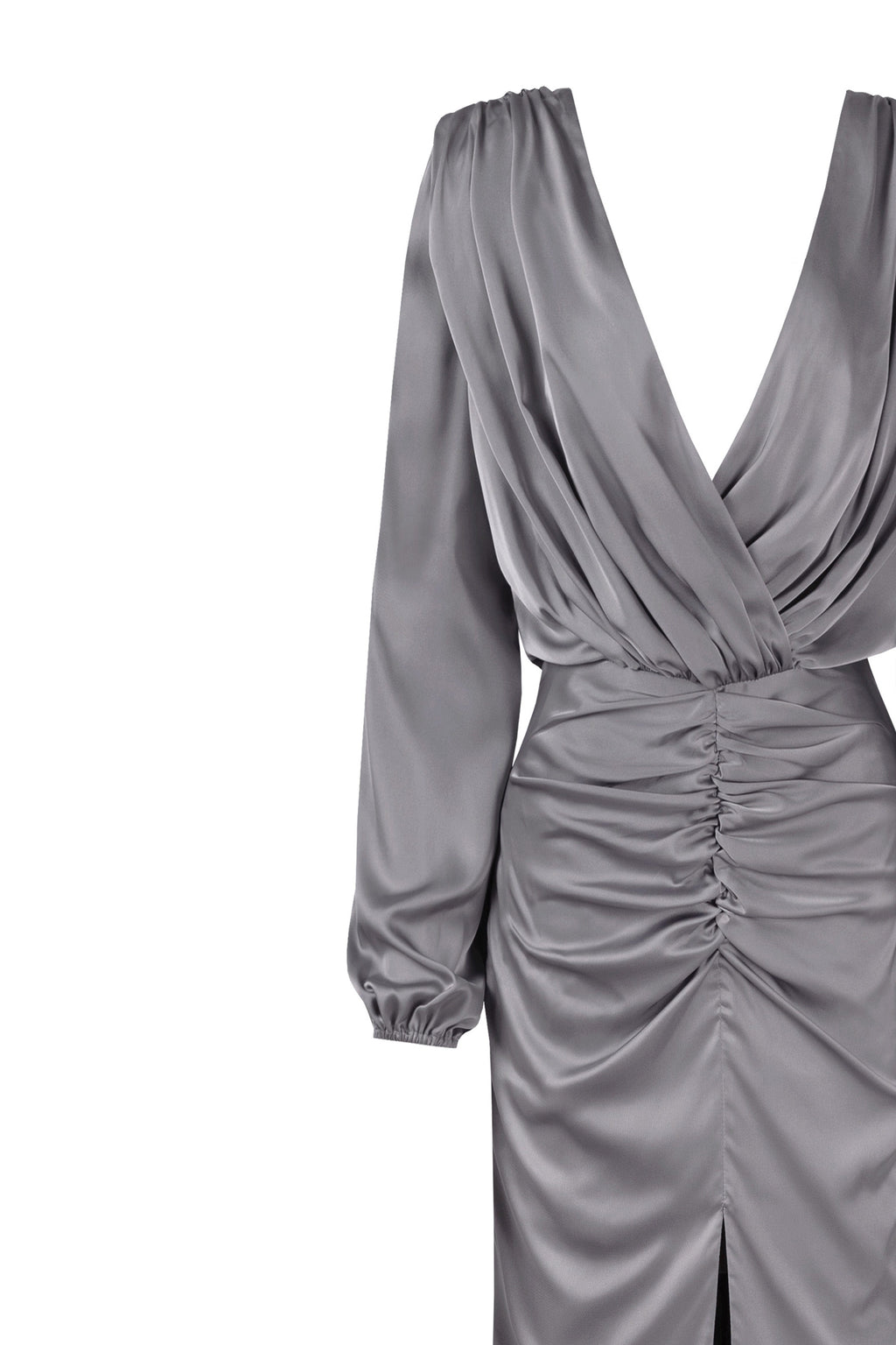 Dusty-Blue Silk Wrap-V-Neck Long-Sleeve Maxi Dress