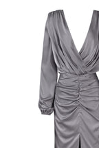 Dusty-Blue Silk Wrap-V-Neck Long-Sleeve Maxi Dress