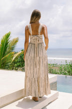 Beige Black Stripe Tiered Midi Dress