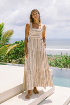 Beige Black Stripe Tiered Midi Dress