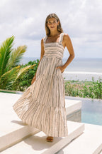 Beige Black Stripe Tiered Midi Dress