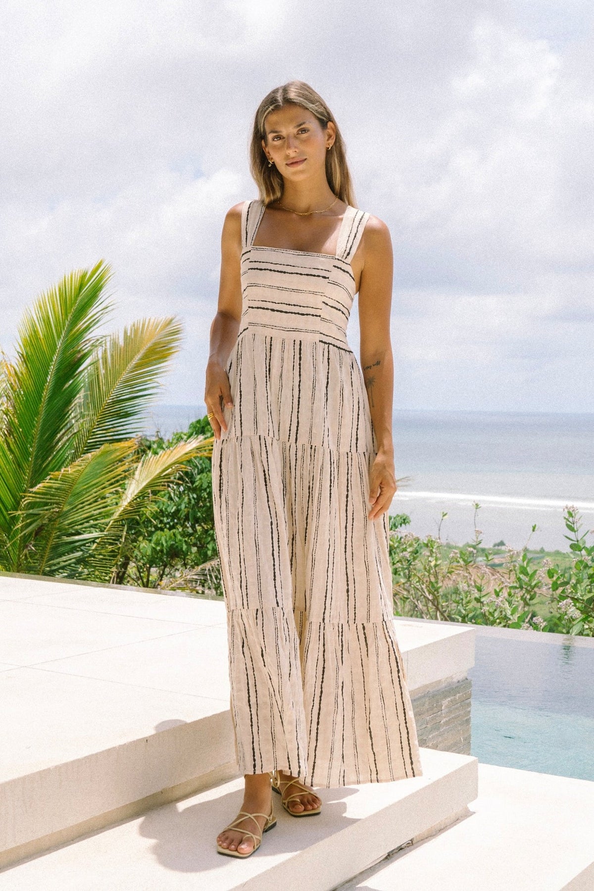 Beige Black Stripe Tiered Midi Dress