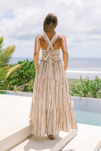 Beige Black Stripe Tiered Midi Dress