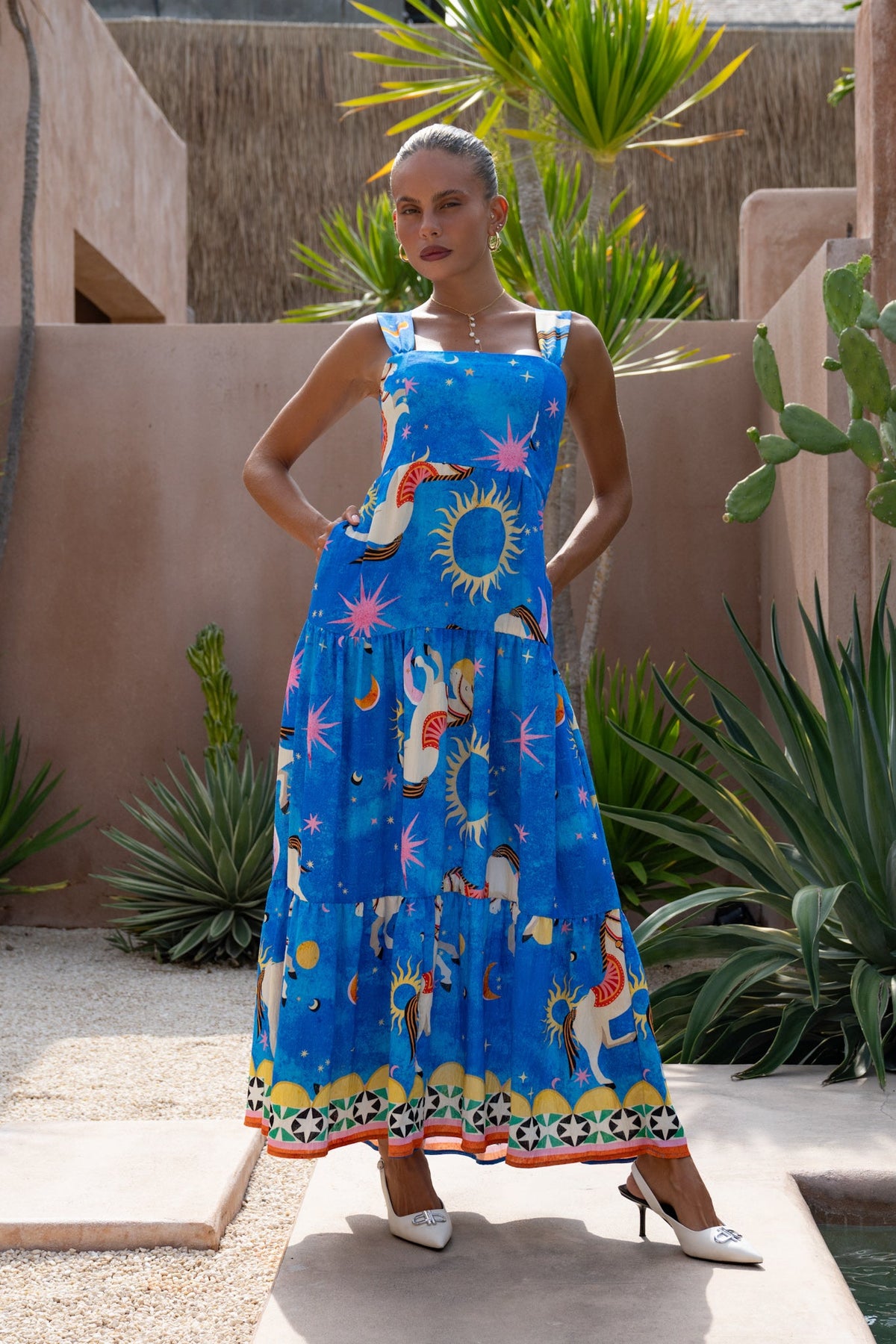 Blue Abstract Tiered Midi Dress