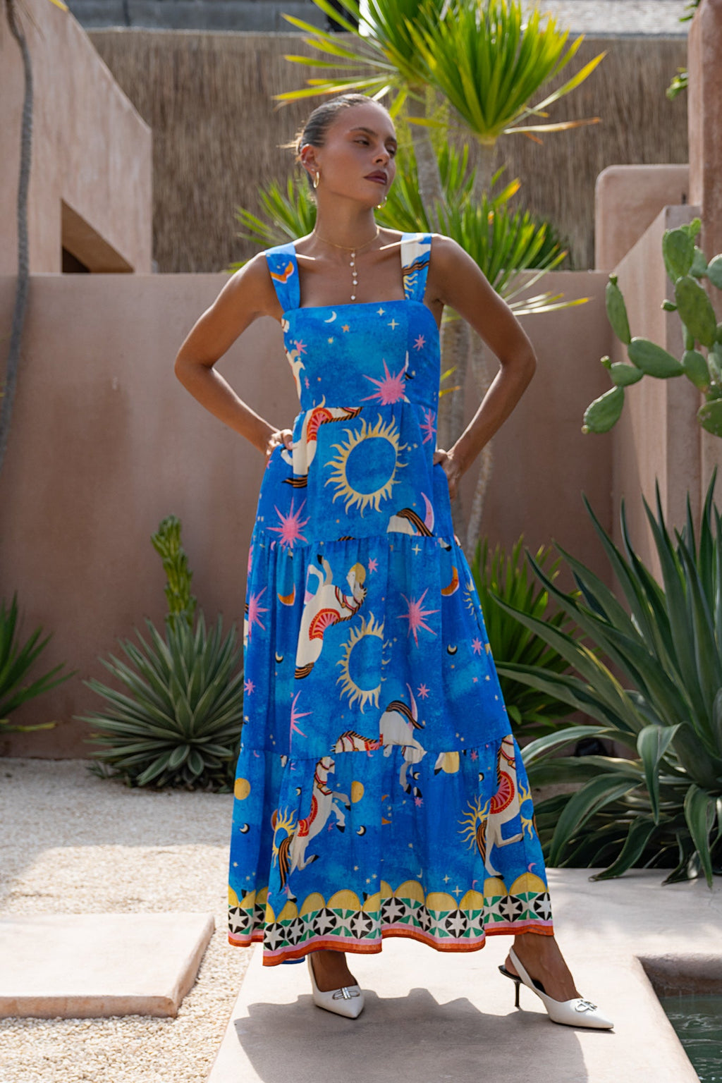 Blue Abstract Tiered Midi Dress