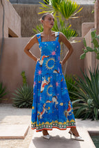 Blue Abstract Tiered Midi Dress