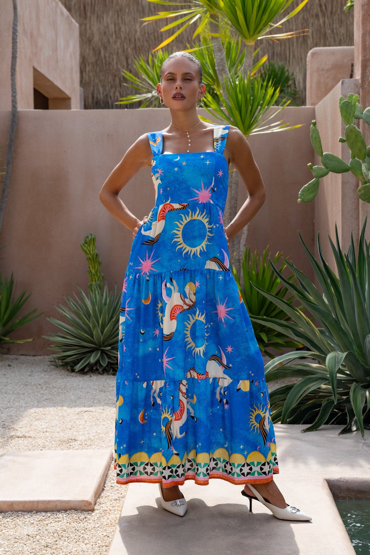 Blue Abstract Tiered Midi Dress