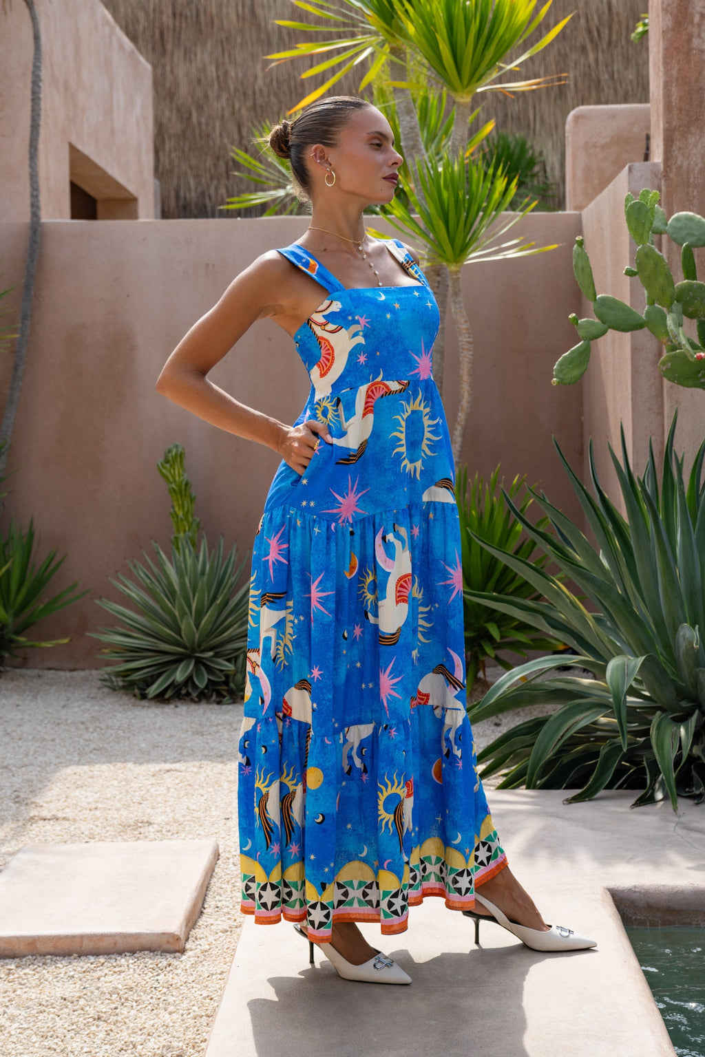 Blue Abstract Tiered Midi Dress