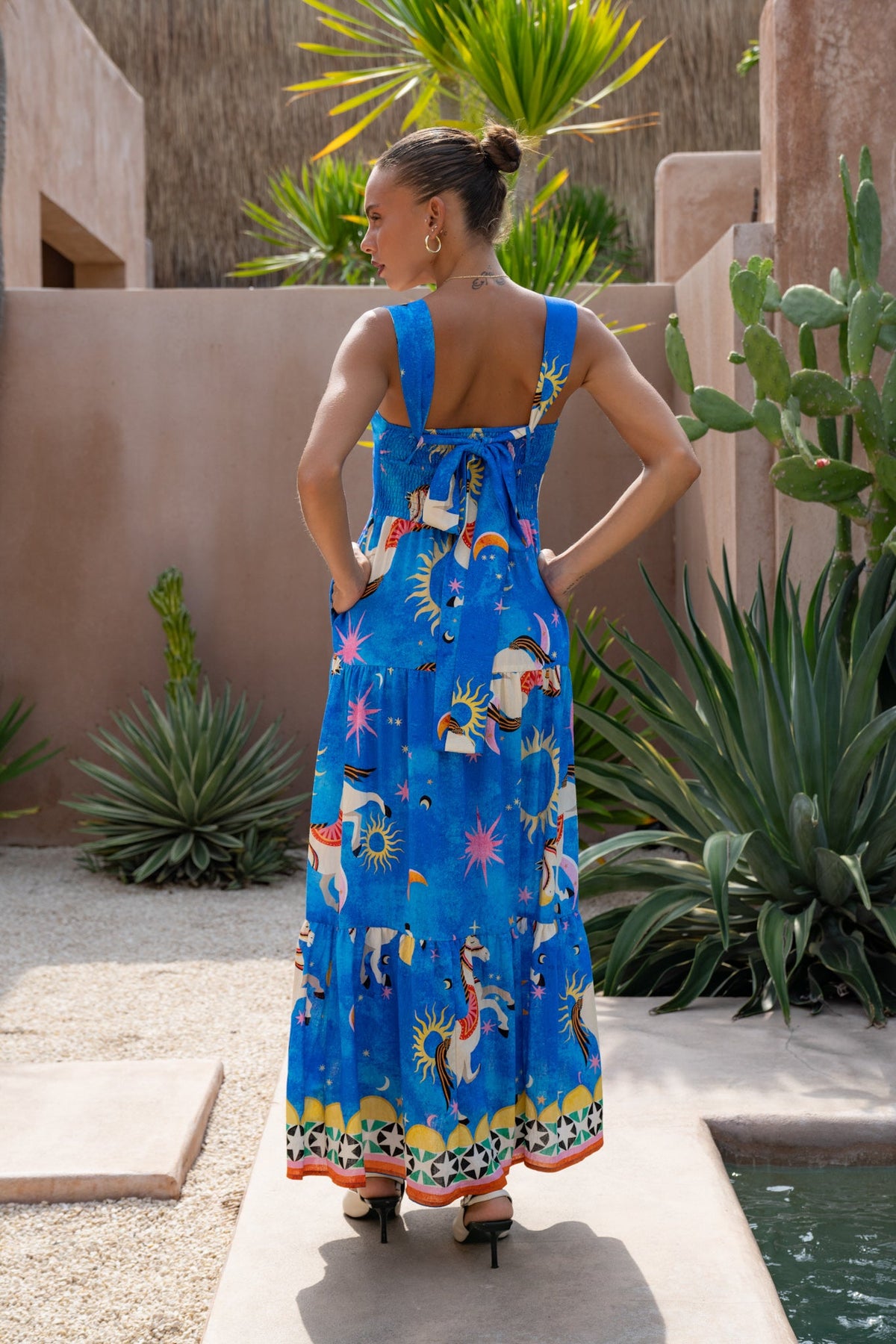 Blue Abstract Tiered Midi Dress