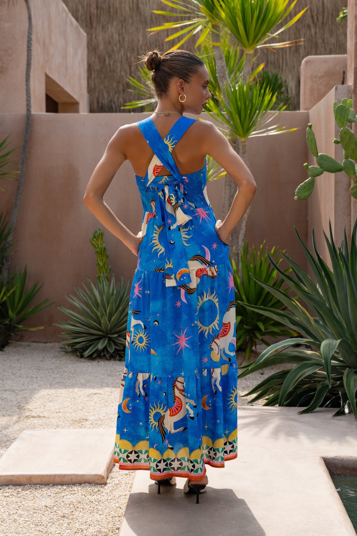 Blue Abstract Tiered Midi Dress