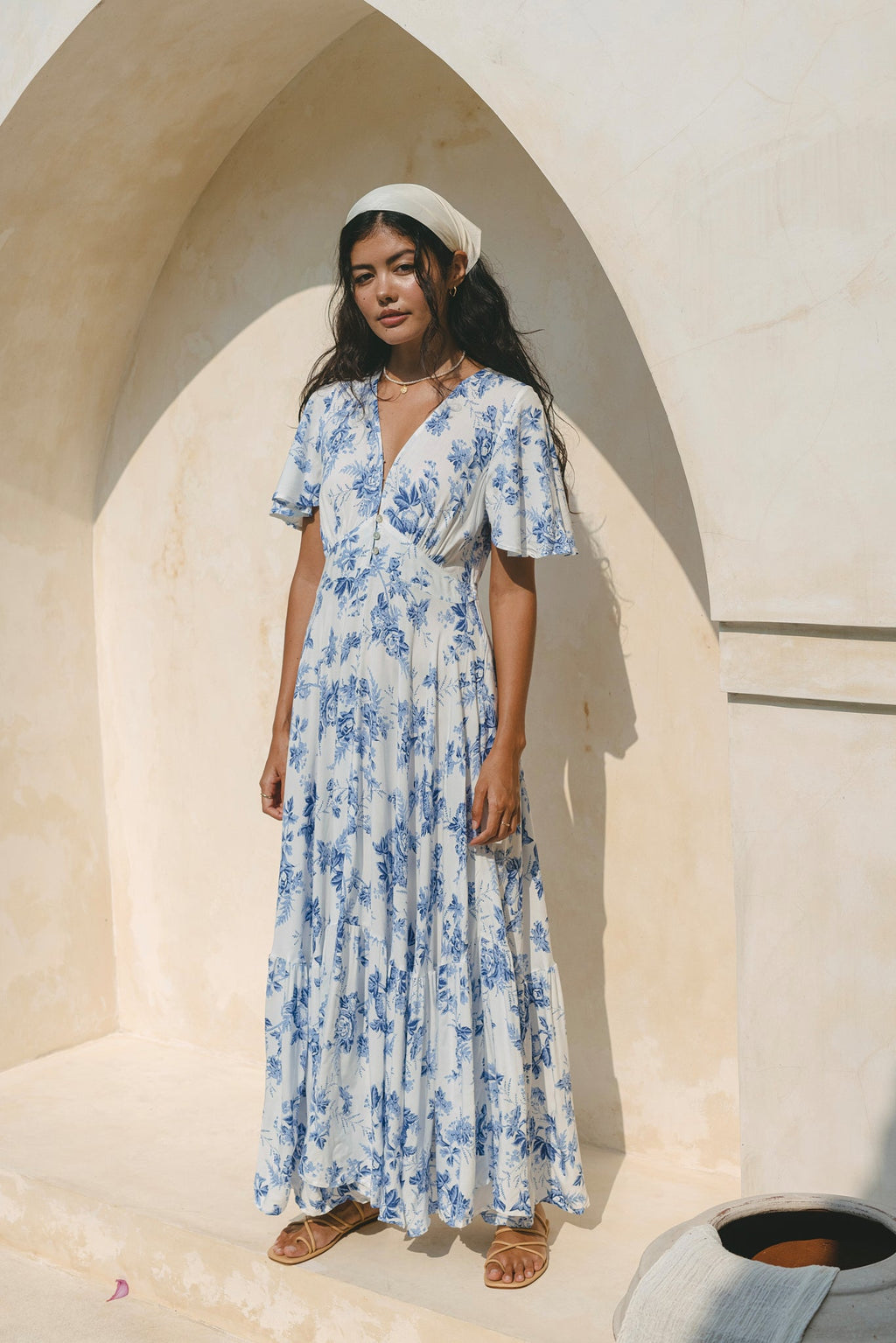 Blue Floral V-Neck Midi Dress