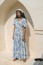 Blue Floral V-Neck Midi Dress