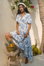 Blue Floral V-Neck Midi Dress