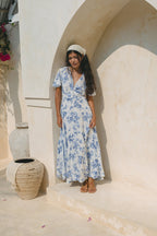 Blue Floral V-Neck Midi Dress