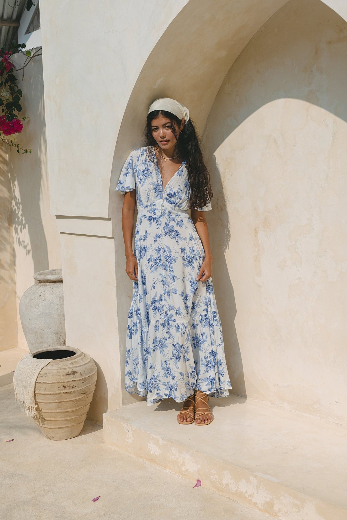 Blue Floral V-Neck Midi Dress