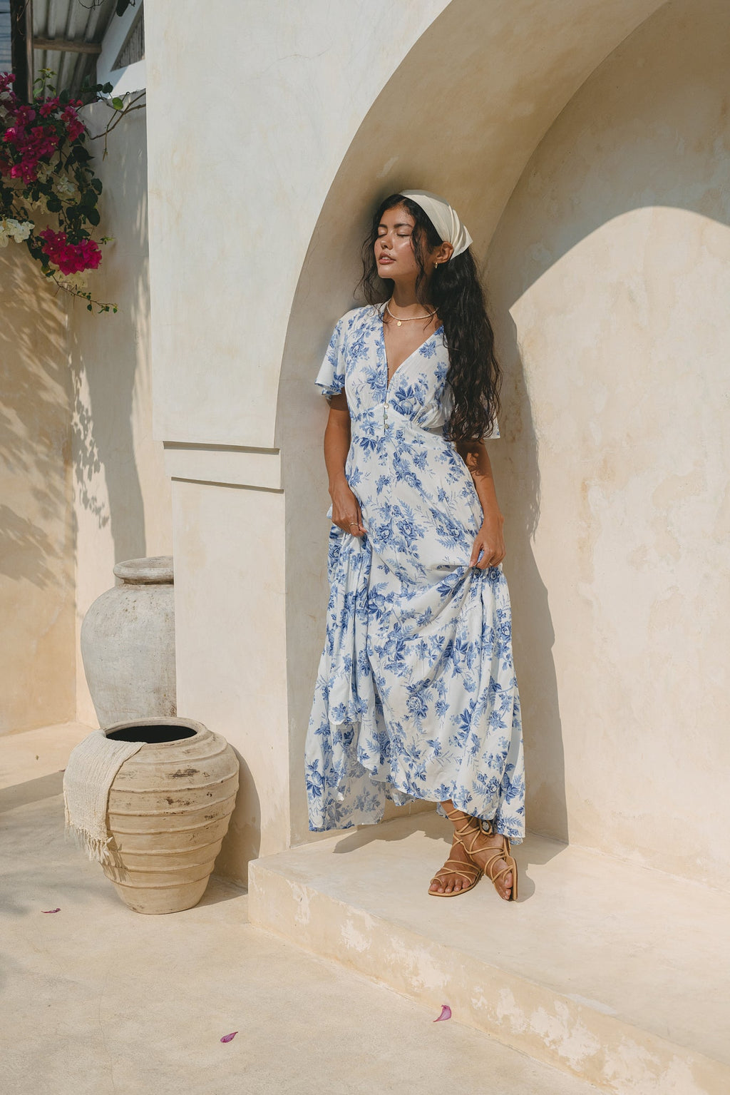 Blue Floral V-Neck Midi Dress