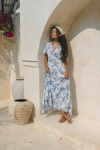 Blue Floral V-Neck Midi Dress