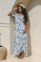 Blue Floral V-Neck Midi Dress