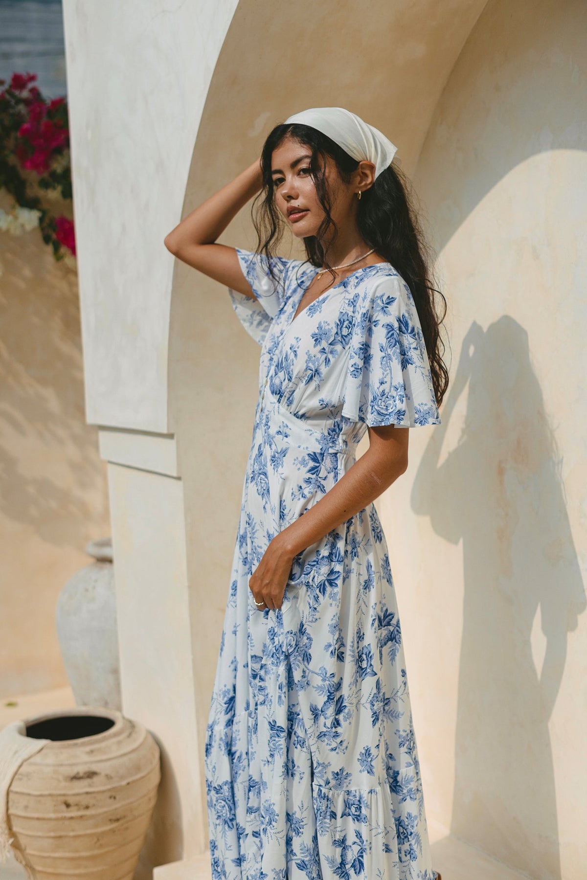 Blue Floral V-Neck Midi Dress