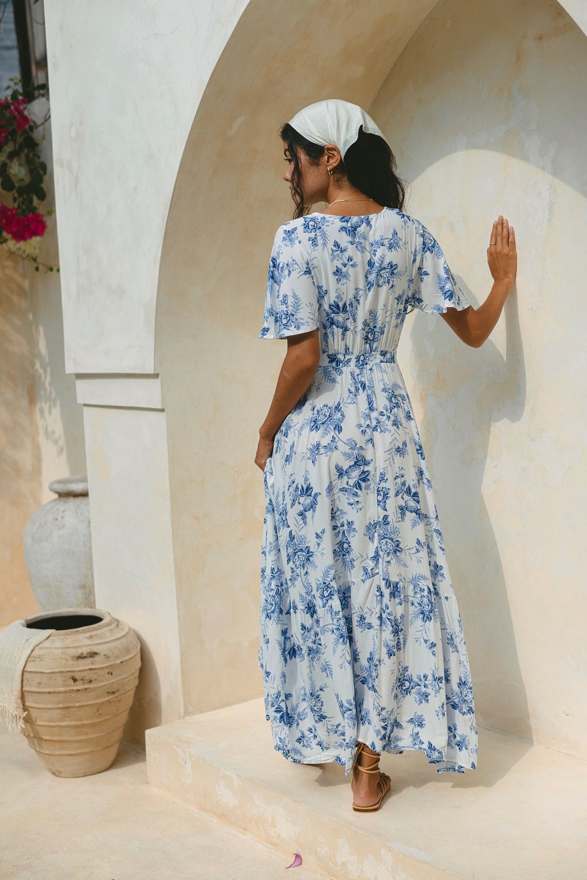 Blue Floral V-Neck Midi Dress