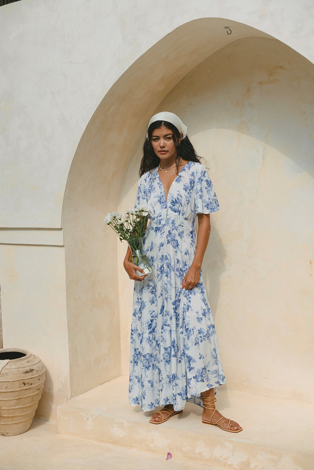 Blue Floral V-Neck Midi Dress