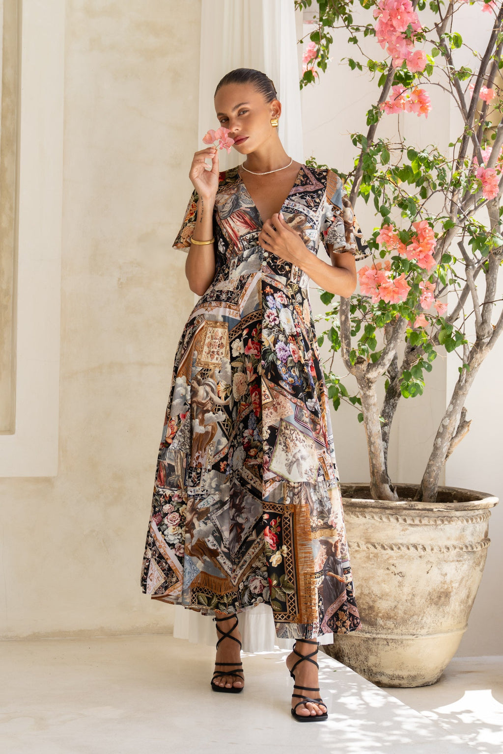 Black Abstract V-Neck Midi Dress