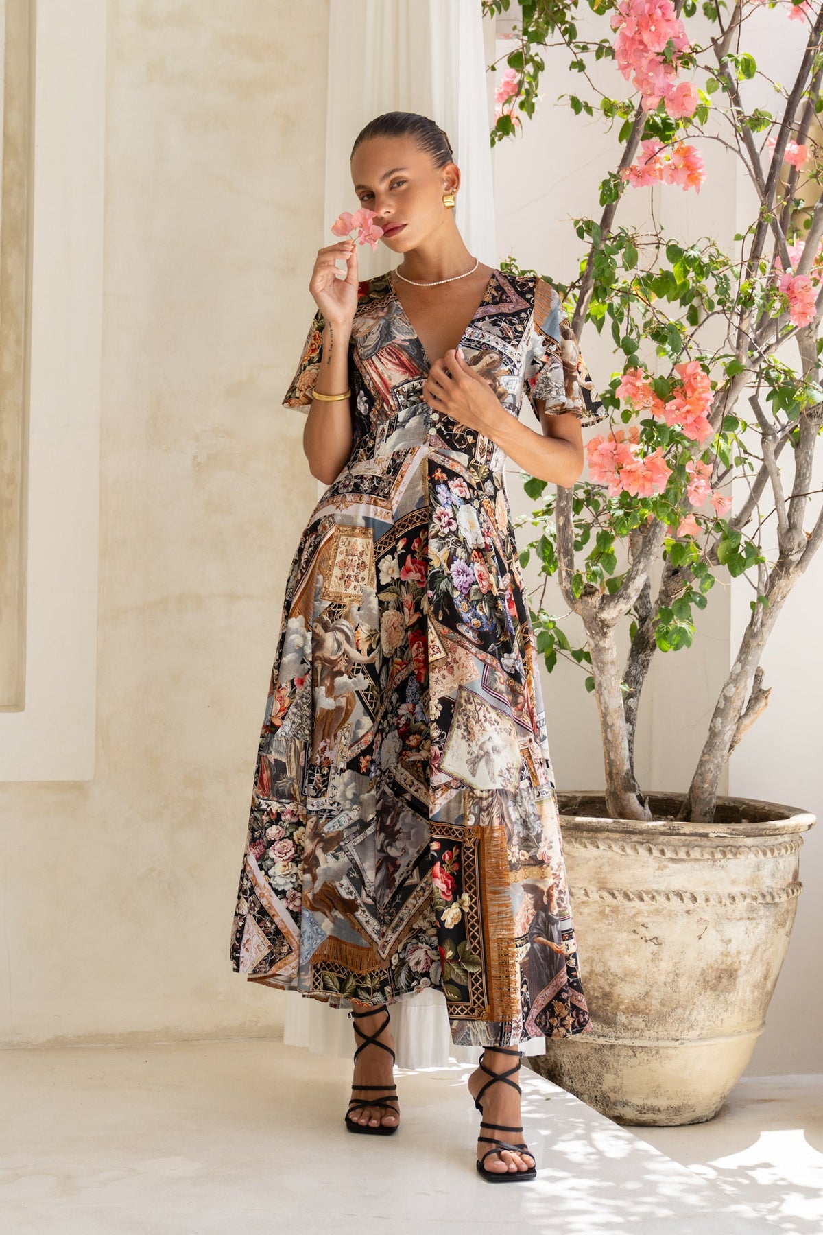 Black Abstract V-Neck Midi Dress